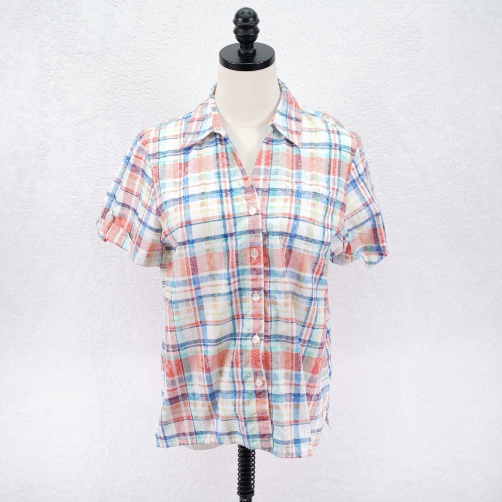 Alfred Dunner 10P Petite Red Blue White Plaid‎ Floral Button Up Shirt Top Cotton
